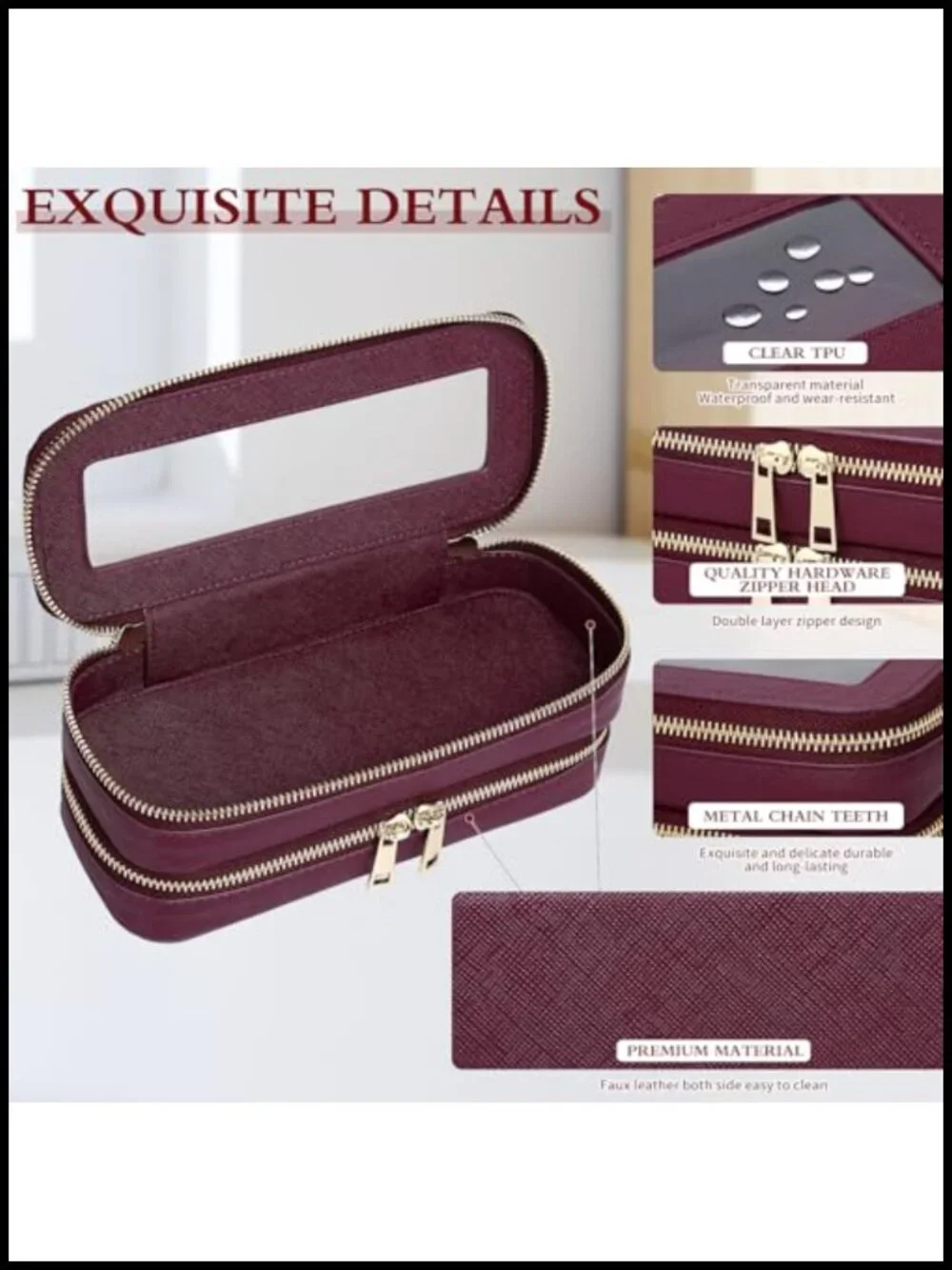 Double Layer Makeup Bag with Clear Windows, Waterproof Faux Leather Cosmetic &